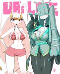  2017 alternate_species antennae arthropod big_breasts blush bra breasts celesteela claws cleavage clothed clothing compression_artifacts duo eyelashes female green_clothing green_hair hair hair_over_eyes hi_res huge_breasts humanoid humanoidized insect kenron_toqueen long_hair long_neck looking_at_viewer navel nintendo pants pheromosa pok&eacute;mon pok&eacute;mon_(species) pok&eacute;morph purple_eyes red_clothing ribbons shorts simple_background smile standing tight_clothing ultra_beast underwear v_sign video_games white_background white_hair white_skin 