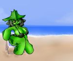  2018 beach beepunz big_breasts bikini black_hair black_sclera breasts butt cacturne cactus chair clothing female flora_fauna folding_chair green_body hair hat hi_res huge_breasts humanoid looking_aside nintendo non-mammal_breasts nora not_furry outside plant pok&eacute;mon pok&eacute;mon_(species) sand seaside sitting sky solo spikes swimsuit thick_thighs thorns video_games water yellow_eyes 