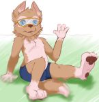  2017 blue_eyes clothed clothing cub eyewear fifa goggles hexxy mascot pinup pose shorts solo topless wave waving young zabivaka 