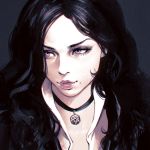  amulet black_hair choker eyeshadow face ilya_kuvshinov jewelry lips long_hair looking_away makeup mole pentagram portrait purple_eyes smile solo the_witcher the_witcher_3 upper_body wavy_hair yennefer 