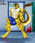  2018 3_toes 5_fingers abs anthro armpit_hair balls beard biceps big_penis blue_eyes brown_hair brown_skin bulge clothed clothing door dragon eastern_dragon erection facial_hair fist flexing grin gym hair hungothenomster locker looking_down male multicolored_skin muscular muscular_male penis penis_flexing penis_outline scalie sharp_teeth smile solo stripes teeth tight_underwear toes topless two_tone_skin underwear white_skin yellow_skin 