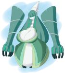  2017 absurd_res big_breasts blue_background blush breasts celesteela cleavage clothed clothing female green_hair hair hi_res huge_breasts humanoid hyper hyper_breasts jcdr long_hair long_neck nintendo non-mammal_breasts not_furry pok&eacute;mon pok&eacute;mon_(species) pok&eacute;morph simple_background smile solo ultra_beast video_games white_background white_skin 