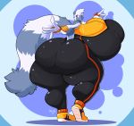  2018 absurd_res anthro big_breasts big_butt black_nose breasts butt clothed clothing eyelashes female footwear fur gloves grey_fur hi_res huge_breasts huge_butt hyper hyper_breasts jaeh lemur long_tail looking_back mammal primate shirt shoes solo sonic_(series) stripes tangle_the_lemur thick_thighs tight_clothing tuft voluptuous white_fur wide_hips 