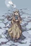  blue_scarf boots braid brown_dress brown_footwear capelet dress full_body long_hair looking_at_viewer lowres open_mouth platina scarf silver_hair single_braid solo takamizawa_mayu valkyrie_profile 