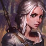  ciri close-up face green_eyes half_updo ilya_kuvshinov lips looking_at_viewer parted_lips scar short_hair silver_hair smile solo sword the_witcher the_witcher_3 upper_body weapon 