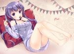  bare_shoulders barefoot breasts character_name chocolate chocolate_heart commentary gochuumon_wa_usagi_desu_ka? hair_ornament hairclip heart irori long_hair looking_at_viewer medium_breasts pillow purple_eyes purple_hair solo sweater tedeza_rize 