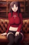  2016 artist_name black_hair black_legwear blue_eyes breasts commentary covered_nipples english fate/stay_night fate_(series) highres large_breasts looking_at_viewer microskirt midriff navel no_bra older open_mouth skirt smile solo sweater thighhighs thighs toosaka_rin typo zettai_ryouiki zoryc 