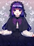  black_capelet black_ribbon black_skirt blue_hair bow capelet corset gothic_lolita headdress light_smile lips lolita_fashion long_hair long_sleeves looking_at_viewer marie_marie multicolored_hair purple_bow purple_eyes purple_hair ribbon shizutani skirt skirt_hold smile solo sound_horizon vanishing_starlight 