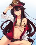  absurdres arm_up bangs bikini bikini_skirt black_bikini black_hair blue_background breasts cleavage collarbone fate/grand_order fate_(series) gradient gradient_background grin hat head_tilt headphones headphones_around_neck highres ivan_wang jacket leg_up long_hair long_sleeves looking_at_viewer medium_breasts nail_polish navel oda_nobunaga_(fate) oda_nobunaga_(swimsuit_berserker)_(fate) off_shoulder open_clothes open_jacket open_mouth peaked_cap pink_nails red_eyes single_bare_shoulder smile solo spread_legs stomach swimsuit teeth thighs unbuttoned underboob v-shaped_eyebrows very_long_hair 