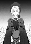  1girl bloodborne bonnet cloak dress flower plain_doll smile solo 
