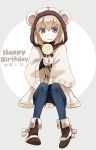 animal_hood annoyed arm_support bangs black_footwear blonde_hair blue_eyes blue_pants boots candy casual closed_mouth commentary dated english eyebrows_visible_through_hair fang food frown full_body girls_und_panzer happy_birthday holding holding_food hood hooded_coat invisible_chair katyusha leather leather_boots lollipop looking_at_viewer pants short_hair sitting solo white_coat wide_sleeves yuuyu_(777) 
