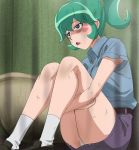  armpit_peek blue_eyes blush_stickers calen_(time_bokan) green_hair haruyama_kazunori panties pantyshot pantyshot_(sitting) ponytail short_hair sitting socks solo time_bokan_(series) time_bokan_24 torn_clothes underwear white_panties 