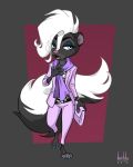  2018 anthro artbirchly_(artist) blue_eyes clothed clothing courtney_brushmarke digital_media_(artwork) eyebrows eyelashes eyeshadow female fur hair handbag invalid_tag makeup mammal open_mouth painted_claws pink_suit scarf simple_background skunk solo white_hair 