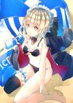  ahoge artoria_pendragon_(all) artoria_pendragon_(swimsuit_rider_alter) bangs bare_shoulders barefoot beach bikini black_ribbon blonde_hair braid breasts can collar commentary_request container fate/grand_order fate_(series) french_braid frilled_bikini frilled_legwear frills hair_ribbon highres jacket_on_shoulders looking_at_viewer marova-00 ribbon sand single_thighhigh sitting small_breasts soft_drink solo swimsuit thighhighs umbrella wariza yellow_eyes 
