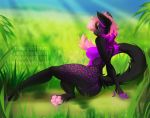  2018 4_toes 5_fingers anthro black_fur cat day detailed_background digital_media_(artwork) eyebrows eyelashes feline female fur grass hair mammal nipples nitricacid nude outside pawpads pink_hair purple_ur pussy samuel-white sky smile solo spots spotted_fur toes 