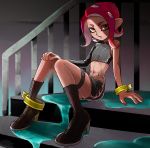  boots commentary_request crop_top dark_skin full_body high_heel_boots high_heels highres looking_at_viewer midriff mossan_(pfar4853) navel octarian octoling orange_eyes parted_lips pointy_ears red_hair short_hair sitting skirt solo splatoon_(series) splatoon_2 splatoon_2:_octo_expansion squidbeak_splatoon 