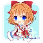  :d bangs blue_eyes blue_sailor_collar blush boots bow breasts brown_hair character_request chibi collared_jacket commentary_request eyebrows_visible_through_hair full_body fur-trimmed_jacket fur_trim gloves hair_between_eyes hair_bow hand_up index_finger_raised jacket jacket_on_shoulders knee_boots long_sleeves medium_breasts open_mouth pleated_skirt red_bow sailor_collar sailor_shirt shironeko_project shirt skirt sleeveless sleeveless_shirt smile solo standing star tiara twitter_username upper_teeth white_footwear white_gloves white_jacket white_shirt white_skirt yukiyuki_441 