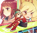  2girls angry bangs blonde_hair blush boots brown_eyes capcom closed_mouth commentary_request eyewear_on_head full_body green_eyes hair_ornament hibiki_misora hood hoodie hoshikawa_subaru_(rockman) modela_(baka_x_orange) multiple_girls open_mouth purple_hair rockman ryuusei_no_rockman shirogane_luna shoes sitting smile spiked_hair 