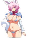  afuro animal_ears arm_warmers bikini blush breasts capelet cleavage cosplay fate/grand_order fate_(series) fou_(fate/grand_order) fou_(fate/grand_order)_(cosplay) large_breasts mash_kyrielight navel pink_hair purple_eyes short_hair side-tie_bikini smile solo swimsuit tail tail_raised thighhighs white_background 