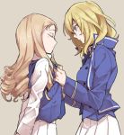  adjusting_clothes bangs bc_freedom_military_uniform blonde_hair blue_eyes blue_jacket blue_vest brown_background closed_eyes closed_mouth commentary dress_shirt dressing_another drill_hair eyebrows_visible_through_hair facing_another from_side girls_und_panzer hat high_collar jacket long_hair long_sleeves marie_(girls_und_panzer) medium_hair military military_uniform multiple_girls oshida_(girls_und_panzer) pleated_skirt ree_(re-19) shirt simple_background skirt standing uniform upper_body vest white_shirt white_skirt 