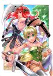  black_choker blonde_hair breasts choker cleavage collarbone commentary_request green_eyes long_hair looking_at_viewer medium_breasts multi-tied_hair multiple_girls pantyhose ponytail primiera_(saga) red_hair ribbon saga saga_frontier_2 sio2_(nisankakeiso) smile standing sword very_long_hair virginia_knights weapon 