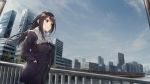  brown_hair cityscape closed_mouth cloud cloudy_sky coat commentary_request eyebrows_visible_through_hair fence hands_in_pockets highres k-me long_hair original outdoors scarf sky standing tree water 