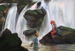  1girl absurdres barefoot bird blonde_hair commentary_request highres jun_(5455454541) link mipha mushroom nature partially_submerged pointy_ears ponytail rock sash scenery short_ponytail sitting smile the_legend_of_zelda the_legend_of_zelda:_breath_of_the_wild water waterfall wet wet_clothes wet_hair zora 