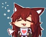  =3 =_= animal_ear_fluff animal_ears blue_background blush_stickers brown_hair chibi closed_eyes cup holding holding_cup imaizumi_kagerou long_hair lowres mug open_mouth simple_background solo touhou wolf_ears wool_(miwol) 