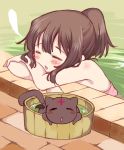  bath bathing bathroom black_hair blush brown_hair cat chomusuke head_rest kono_subarashii_sekai_ni_shukufuku_wo! megumin ponytail seidou_(tukinomiyako) smile tied_hair towel triangle_mouth wet 