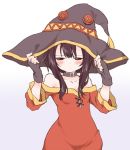  bare_shoulders belt black_belt black_hair blush choker dress fingerless_gloves gloves hat kono_subarashii_sekai_ni_shukufuku_wo! looking_at_viewer megumin red_dress seidou_(tukinomiyako) short_hair_with_long_locks solo witch_hat 