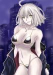  ahoge bikini black_bikini breasts cityscape cleavage commentary_request fate/grand_order fate_(series) fur_collar jacket jeanne_d'arc_(alter)_(fate) jeanne_d'arc_(fate)_(all) jewelry large_breasts navel necklace night nyantamaran pale_skin short_hair smile solo swimsuit wicked_dragon_witch_ver._shinjuku_1999 yellow_eyes 