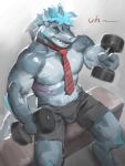  anthro clothed clothing colored_sketch exercise fish hair jiandou male marine muscular muscular_male necktie shark sitting solo teeth weightlifting workout 