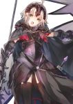  absurdres ahoge armor armored_dress bangs breastplate breasts cape commentary_request eyebrows_visible_through_hair fate/grand_order fate_(series) feet_out_of_frame flag fur_collar gauntlets headpiece highres jeanne_d'arc_(alter)_(fate) jeanne_d'arc_(fate)_(all) looking_at_viewer marova-00 medium_breasts open_mouth outstretched_arm short_hair silver_hair simple_background solo sword weapon white_background yellow_eyes 