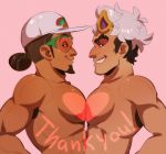  2boys bara glasses grin guzma_(pokemon) hat male_focus multicolored_hair multiple_boys naughty_face pecs pokemon pokemon_sm text thank_you topless xnirox yaoi 