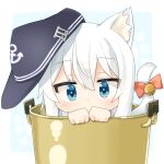 anchor_symbol animal_ears bell black_hat blue_eyes blush bow cat_ears cat_girl cat_tail check_commentary commentary_request covered_mouth flat_cap hat hibiki_(kantai_collection) in_container in_pot jingle_bell kantai_collection kemonomimi_mode long_hair looking_at_viewer minigirl rateratte red_bow silver_hair solo tail tail_bell tail_bow 