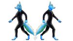  5_fingers anthro barefoot blue_fur canine cargo_pants claws clothed clothing cloud_windpaw_alpha cloud_windpaw_omega female fully_clothed fur gold_fur green_eyes male mammal pants ryuu_girl wolf 