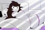  1girl artist_request bed belly black_eyes blush breasts brown_hair eyebrows jaiden_animations long_hair nipples nude on_back panties pillow pubic_hair solo stomach underwear 