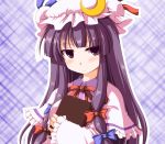  :/ bangs blush book capelet commentary_request crescent dress eyebrows_visible_through_hair hair_between_eyes hair_ribbon hat kinagi_yuu long_hair looking_at_viewer patchouli_knowledge purple_eyes purple_hair ribbon simple_background solo touhou 