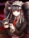  black_hair blush celestia_ludenberg cup dangan_ronpa gothic long_hair red_eyes smile twintails 