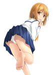  ass bare_legs barefoot blonde_hair cameltoe feet from_behind highres leaning_forward looking_at_viewer looking_back neckerchief open_mouth original panties pantyshot pleated_skirt school_uniform serafuku shibacha simple_background skirt smile soles solo standing standing_on_one_leg toes trefoil underwear uniform white_background white_panties yellow_eyes 