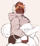  2018 anthro belly belly_grab big_belly blush boxers_(clothing) butt canine clothed clothing deep_navel digital_media_(artwork) disembodied_hand fur hair hoodie kneeling male mammal overweight smile solo_focus sweater underwear werewolfcowboy 