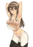  absurdres armpits arms_behind_head arms_up ashigara_(kantai_collection) blush breasts brown_eyes brown_hair collarbone covered_nipples crop_top crop_top_overhang fang hair_between_eyes hairband highres kantai_collection legs_apart long_hair looking_at_viewer md5_mismatch medium_breasts open_mouth panties panties_under_pantyhose pantyhose revision see-through simple_background skirt skirt_pull solo soushou_nin standing underwear wavy_hair white_background white_hairband white_legwear 