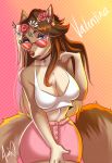 2018 aimi anthro blue_eyes breasts brown_hair canine cleavage clothed clothing crop_top dog eyewear female hair lipstick makeup mammal midriff shirt skirt solo sunglasses 
