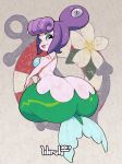  absurdres artist_name ass butt_crack cala_maria_(cuphead) commentary cuphead_(game) english_commentary highres huge_ass huge_filesize lilirulu lips looking_at_viewer looking_back makeup mascara mermaid monster_girl purple_eyes purple_hair shell shell_bikini smile solo tentacle_hair white_skin 