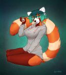  2018 5_fingers alternate_version_at_source anthro breasts brown_fur clothed clothing cyan_background cyan_hair digital_media_(artwork) f-r95 female fur gradient_hair green_eyes holding_object hoodie mammal nipple_bulge red_panda solo tan_fur 