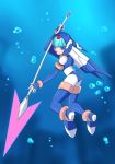  1girl android bent_over blue_eyes bodysuit bubble capcom full_body helmet high_heels holding holding_spear holding_weapon leroy leviathan_(rockman) looking_at_viewer looking_back open_mouth rockman rockman_zero spear thigh_boots underwater water weapon 