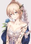 asymmetrical_clothes bare_shoulders blonde_hair blue_eyes blue_flower blue_rose blush breasts bug butterfly cleavage collarbone dress europa_(granblue_fantasy) flower granblue_fantasy grey_background hair_flower hair_ornament head_tilt insect kachi leaf looking_at_viewer medium_breasts parted_lips rose shiny shiny_hair short_hair simple_background single_strap sleeveless sleeveless_dress smile solo tiara upper_body white_dress white_flower white_rose 