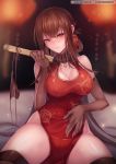  alternate_costume bangs bare_shoulders black_panties blunt_bangs blush breasts bridal_gauntlets brown_hair brown_legwear china_dress chinese_clothes cleavage cleavage_cutout closed_fan closed_mouth collarbone dress dsr-50_(girls_frontline) elbow_gloves eyebrows_visible_through_hair fan flower folding_fan girls_frontline gloves groin hair_flower hair_ornament half-closed_eyes hand_on_own_stomach head_tilt highres holding holding_fan lace large_breasts light_particles long_hair looking_at_viewer panties rebe11 red_dress red_eyes shoes side-tie_panties side_slit sidelocks sitting smile solo studs thighhighs thighs underwear underwear_removed 