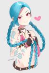  1girl arm_tattoo belt blue_hair blush braid bullets jinx_(league_of_legends) league_of_legends pink_eyes tattoo twin_braids very_long_hair 