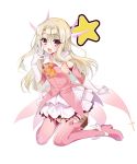  :d bangs blonde_hair blush boots commentary_request detached_sleeves eyebrows_visible_through_hair fate/kaleid_liner_prisma_illya fate_(series) full_body gloves hair_between_eyes illyasviel_von_einzbern layered_skirt long_hair long_sleeves magical_girl open_mouth pink_footwear pink_legwear pink_shirt pleated_skirt prisma_illya red_eyes shirt simple_background skirt sleeveless sleeveless_shirt smile solo star thigh_boots thighhighs very_long_hair white_background white_gloves white_skirt youta 